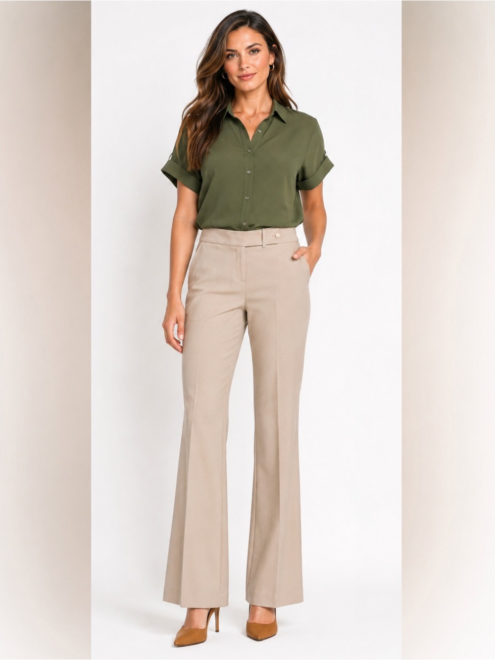 🩷. 569. Women’s Beige Tailored Dress Pants –Classic Straight Leg Office Trousers